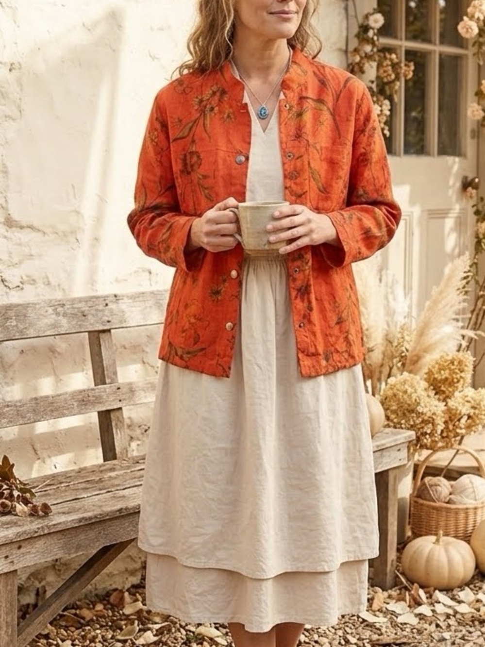 IOS 100% Linen Floral Blazer Jacket Orange Red Shell Button Shacket Size L Large